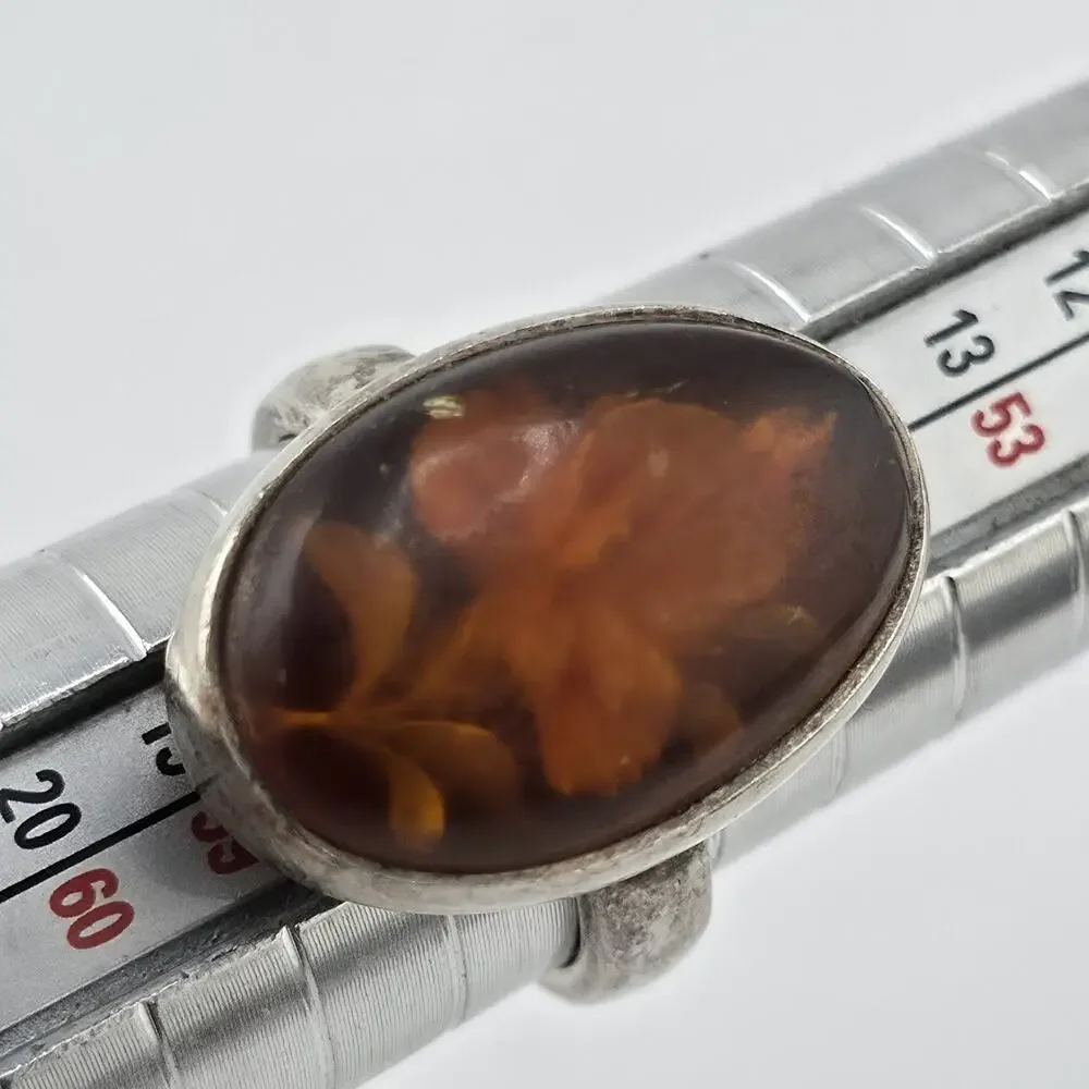 Polish Baltic Amber Reverse Carved Sterling Silver Ring 925 Size 8 Vintage